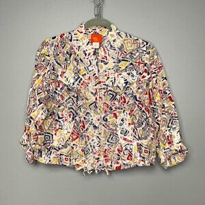 Hearts of Palm Sheer Abstract Print Beach Resortwear Button-Up Blouse Size 4P